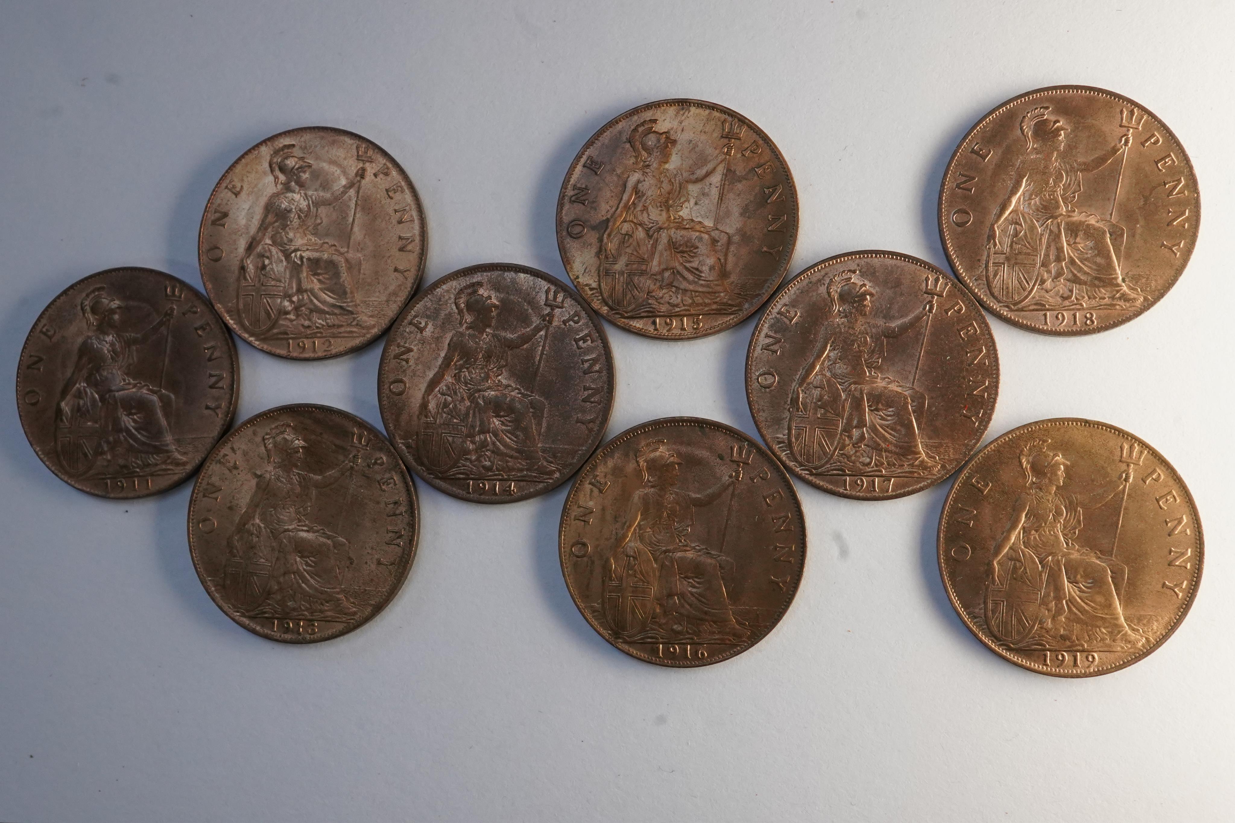 John Hill Collection., British coins, George V, a date set of bronze pennies (1911-1919), excludes Kings Norton and Heaton mint pennies, ranging from EF to UNC, the majority lustrous